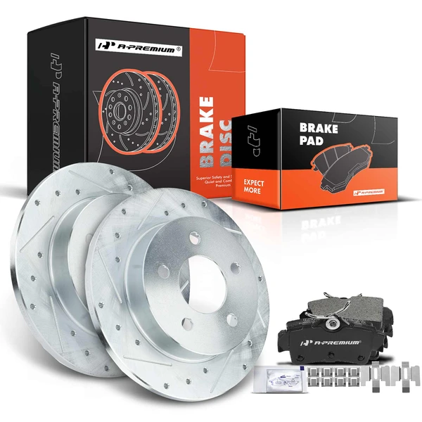 Drilled & Slotted Disc Brake Rotors and Ceramic Pads Kit, 6 Pcs, Rear Driver & Passenger, A-Premium, APBRPS076
