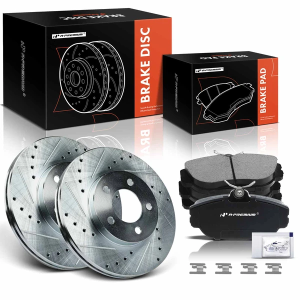 1994-2000 Ford Taurus Drilled & Slotted Disc Brake Rotors and Ceramic Pads Kit, 6 Pcs, Front Driver & Passenger, A-Premium, APBRPS339