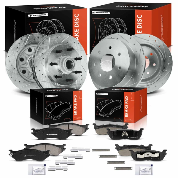 1998-1999 Ford F-250 Drilled & Slotted Disc Brake Rotors and Ceramic Pads Kit, 12 Pcs, Front & Rear, A-Premium, APBRPS1136