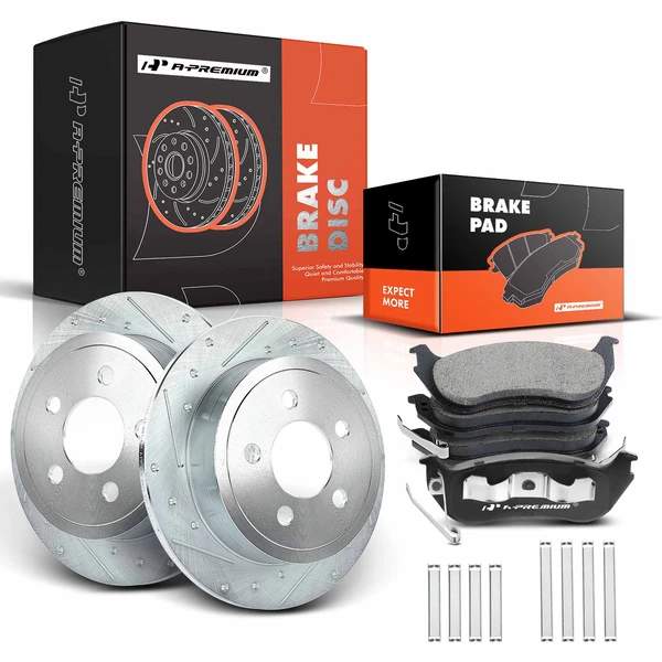2003-2007 Jeep Liberty Drilled & Slotted Disc Brake Rotors and Ceramic Pads Kit, 6 Pcs, Rear Driver & Passenger, A-Premium, APBRPS001