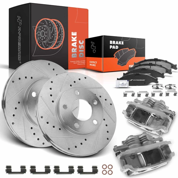 Drilled & Slotted Disc Brake Rotors and Ceramic Pads Kit with Calipers, 8 Pcs, Front Driver & Passenger, A-Premium, APBRPS506