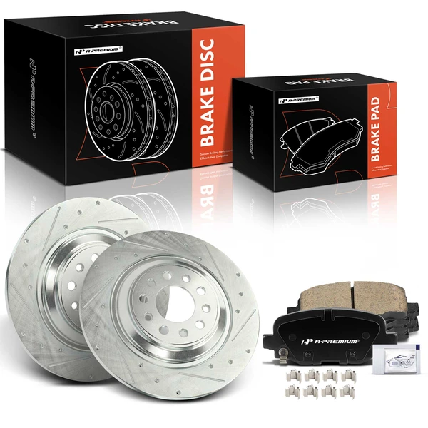 2014-2021 Jeep Cherokee Drilled & Slotted Disc Brake Rotors and Ceramic Pads Kit, 6 Pcs, Rear Driver & Passenger, A-Premium, APBRPS1138