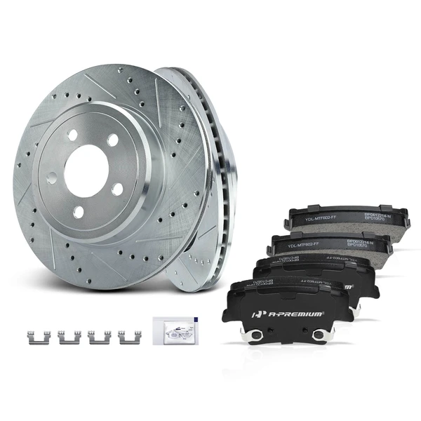 Drilled & Slotted Disc Brake Rotors and Ceramic Pads Kit, 6 Pcs, Rear Driver & Passenger, A-Premium, APBRPS004