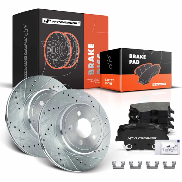2009-2020 Dodge Challenger Drilled & Slotted Disc Brake Rotors and Ceramic Pads Kit, 6 Pcs, Rear Driver & Passenger, A-Premium, APBRPS004