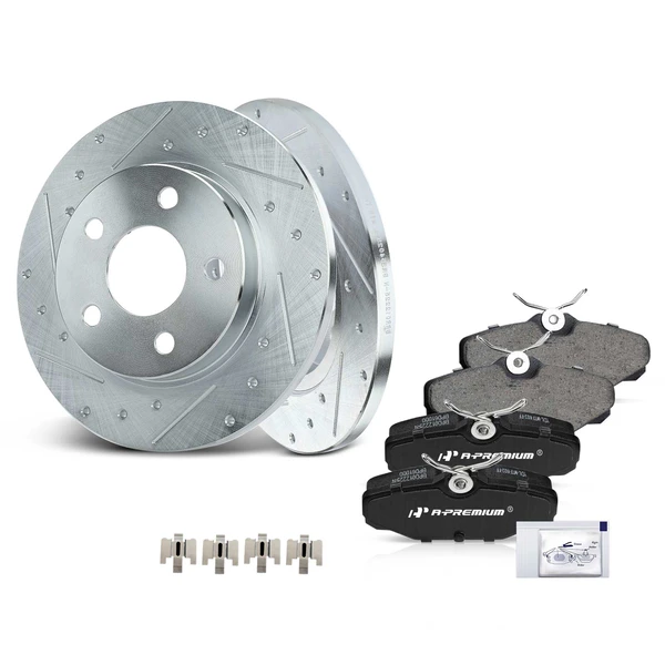 Drilled & Slotted Disc Brake Rotors and Ceramic Pads Kit, 6 Pcs, Rear Driver & Passenger, A-Premium, APBRPS223