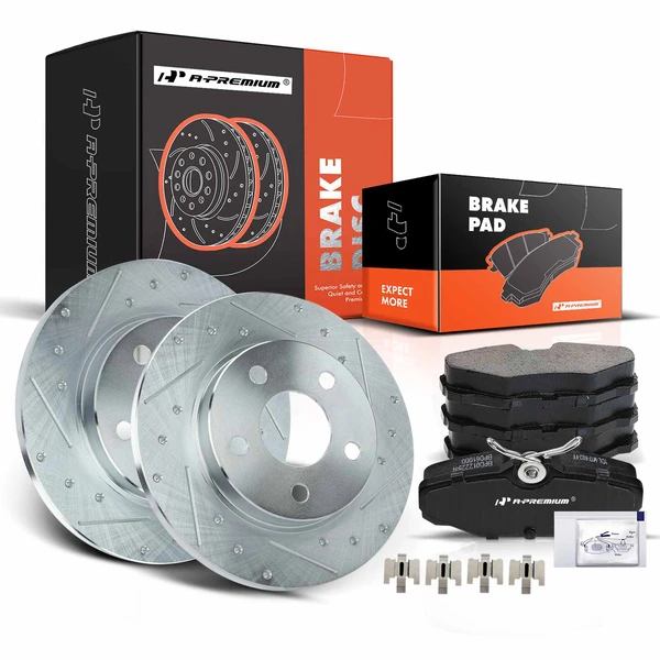 Drilled & Slotted Disc Brake Rotors and Ceramic Pads Kit, 6 Pcs, Rear Driver & Passenger, A-Premium, APBRPS223