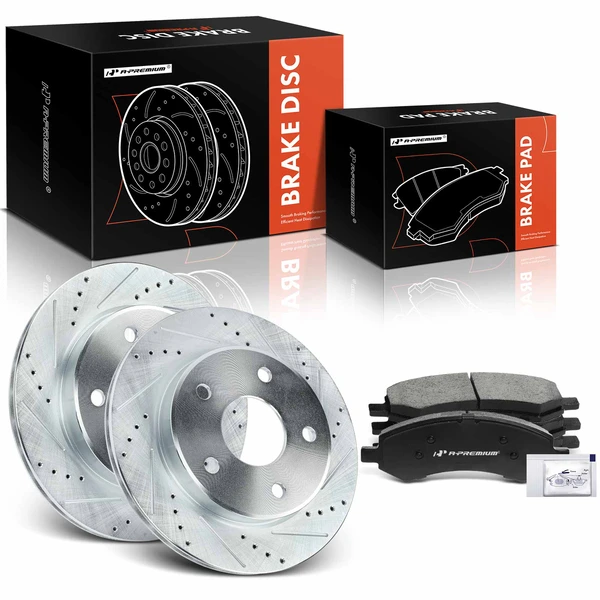 2011 Ram Dakota Drilled & Slotted Disc Brake Rotors and Ceramic Pads Kit, 6 Pcs, Front Driver & Passenger, A-Premium, APBRPS341