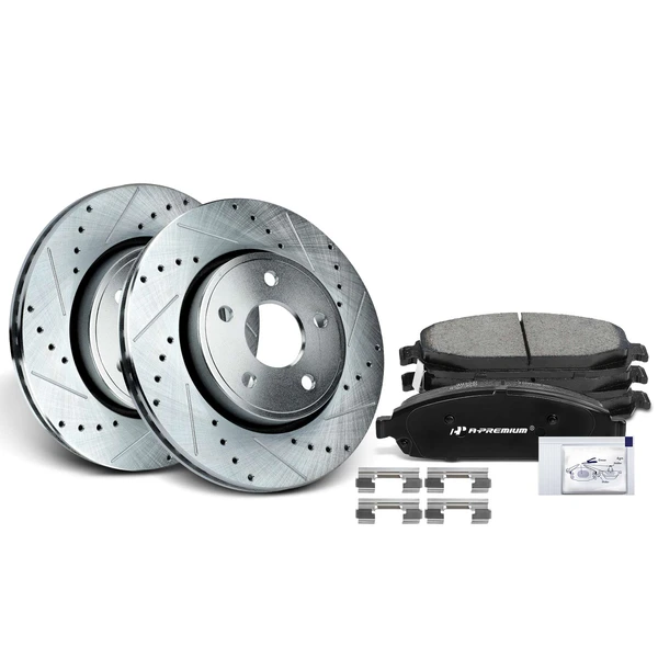2005-2010 Jeep Grand Cherokee Drilled & Slotted Disc Brake Rotors and Ceramic Pads Kit, 6 Pcs, Front Driver & Passenger, A-Premium, APBRPS946