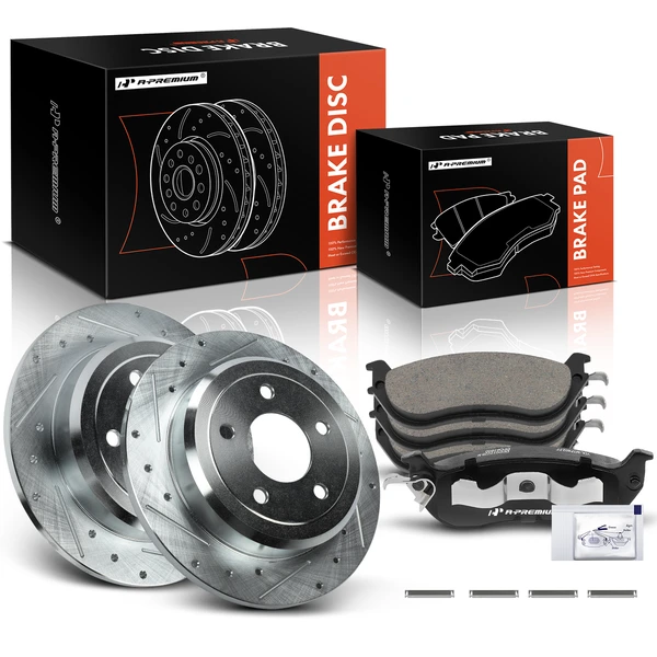 1996-2002 Mercury Grand Marquis Drilled & Slotted Disc Brake Rotors and Ceramic Pads Kit, 6 Pcs, Rear Driver & Passenger, A-Premium, APBRPS344