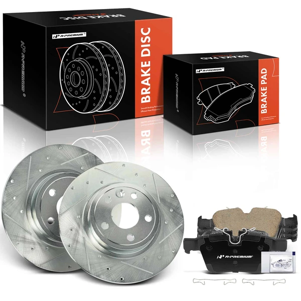 2018-2020 Jaguar E-Pace Drilled & Slotted Disc Brake Rotors and Ceramic Pads Kit, 6 Pcs, Rear Driver & Passenger, A-Premium, APBRPS1157