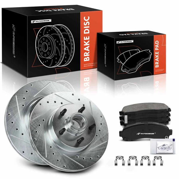2003-2009 Ford Ranger Drilled & Slotted Disc Brake Rotors and Ceramic Pads Kit, 6 Pcs, Front Driver & Passenger, A-Premium, APBRPS346