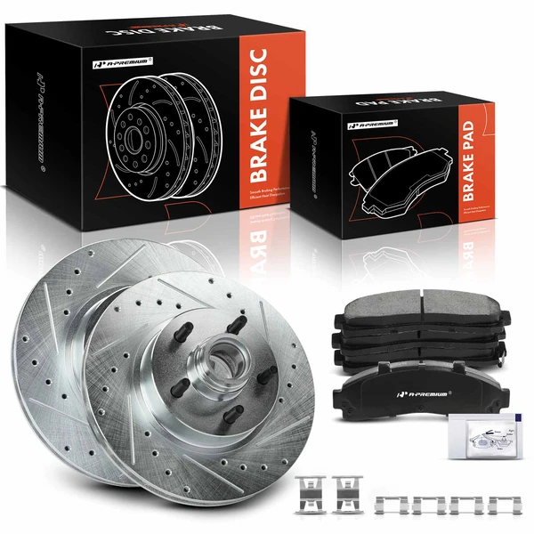 1997-2001 Mercury Mountaineer Drilled & Slotted Disc Brake Rotors and Ceramic Pads Kit, 6 Pcs, Front Driver & Passenger, A-Premium, APBRPS347