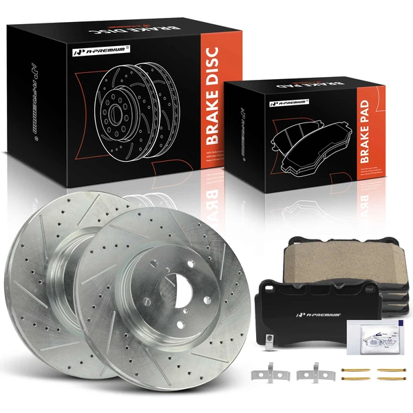 2005-2014 Subaru Impreza Drilled & Slotted Disc Brake Rotors and Ceramic Pads Kit, 6 Pcs, Front Driver & Passenger, A-Premium, APBRPS1147