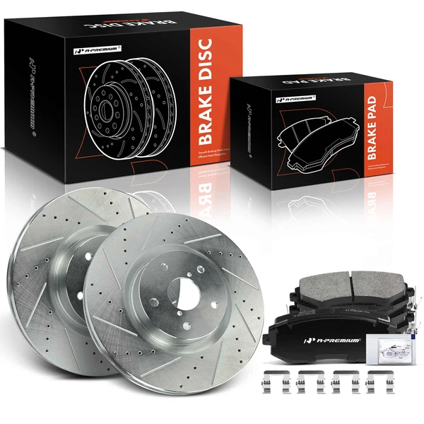 2012-2014 Subaru Impreza Drilled & Slotted Disc Brake Rotors and Ceramic Pads Kit, 6 Pcs, Front Driver & Passenger, A-Premium, APBRPS1149