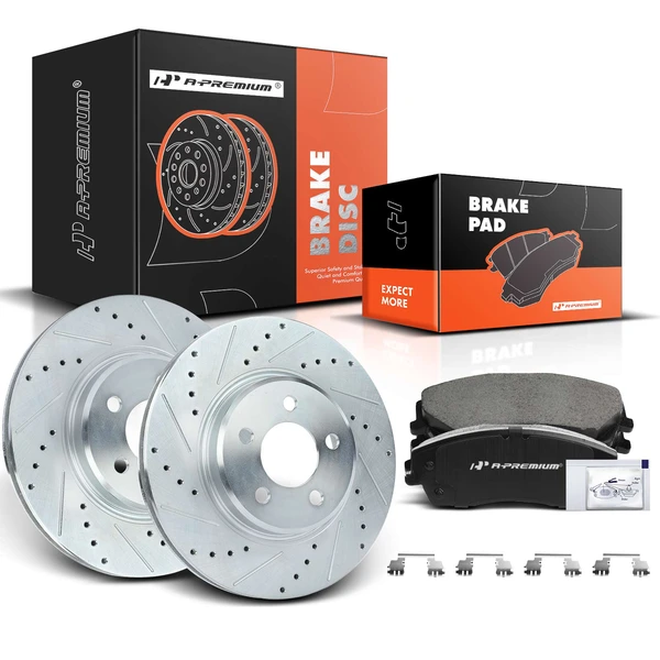 2005-2021 Chrysler 300 Drilled & Slotted Disc Brake Rotors and Ceramic Pads Kit, 6 Pcs, Front Driver & Passenger, A-Premium, APBRPS077