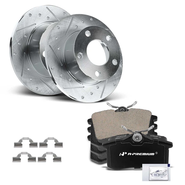1998-2003 Audi A6 Drilled & Slotted Disc Brake Rotors and Ceramic Pads Kit, 6 Pcs, Rear Driver & Passenger, A-Premium, APBRPS945
