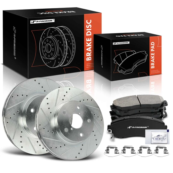 2016-2019 Subaru Legacy Drilled & Slotted Disc Brake Rotors and Ceramic Pads Kit, 6 Pcs, Front Driver & Passenger, A-Premium, APBRPS1164