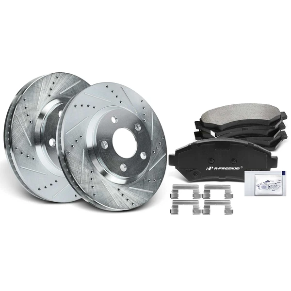 1997-2002 Cadillac Eldorado Drilled & Slotted Disc Brake Rotors and Ceramic Pads Kit, 6 Pcs, Front Driver & Passenger, A-Premium, APBRPS1029