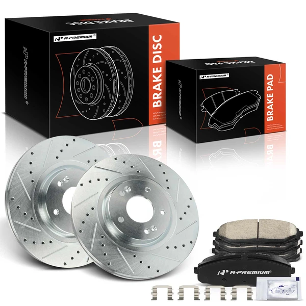 2015-2020 Kia Sedona Drilled & Slotted Disc Brake Rotors and Ceramic Pads Kit, 6 Pcs, Front Driver & Passenger, A-Premium, APBRPS1167