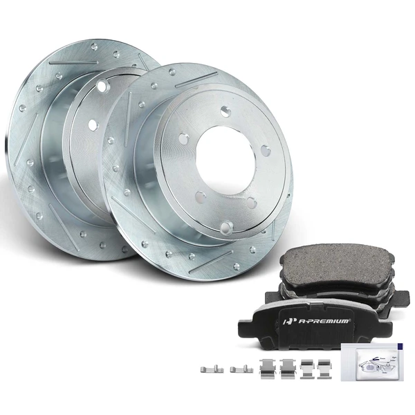 Drilled & Slotted Disc Brake Rotors and Ceramic Pads Kit, 6 Pcs, Rear Driver & Passenger, A-Premium, APBRPS260