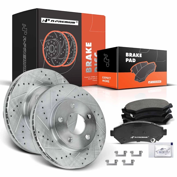 1997-2005 Chevrolet Venture Drilled & Slotted Disc Brake Rotors and Ceramic Pads Kit, 6 Pcs, Front Driver & Passenger, A-Premium, APBRPS261