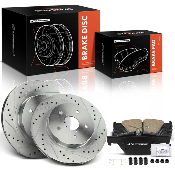 2015-2022 Subaru Legacy Drilled & Slotted Disc Brake Rotors and Ceramic Pads Kit, 6 Pcs, Rear Driver & Passenger, A-Premium, APBRPS1169