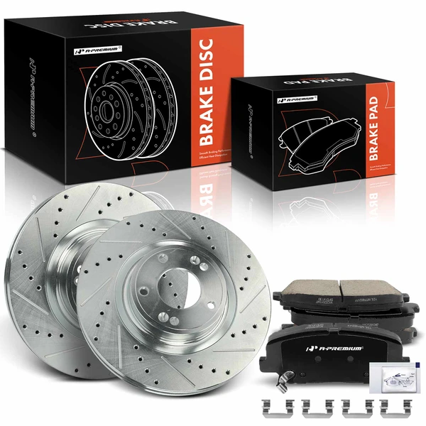 2010-2016 Hyundai Genesis Coupe Drilled & Slotted Disc Brake Rotors and Ceramic Pads Kit, 6 Pcs, Front Driver & Passenger, A-Premium, APBRPS1171