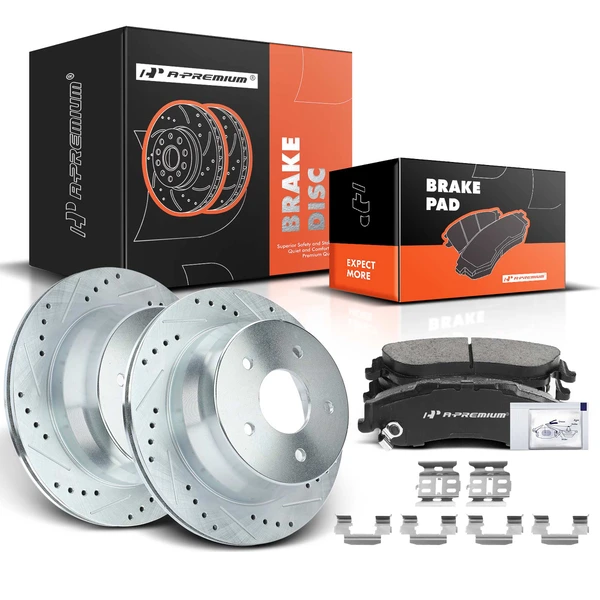 1998-2004 GMC Sonoma Drilled & Slotted Disc Brake Rotors and Ceramic Pads Kit, 6 Pcs, Rear Driver & Passenger, A-Premium, APBRPS081
