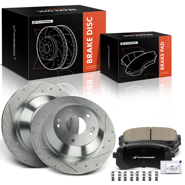 2015-2021 Kia Sedona Drilled & Slotted Disc Brake Rotors and Ceramic Pads Kit, 6 Pcs, Rear Driver & Passenger, A-Premium, APBRPS1172