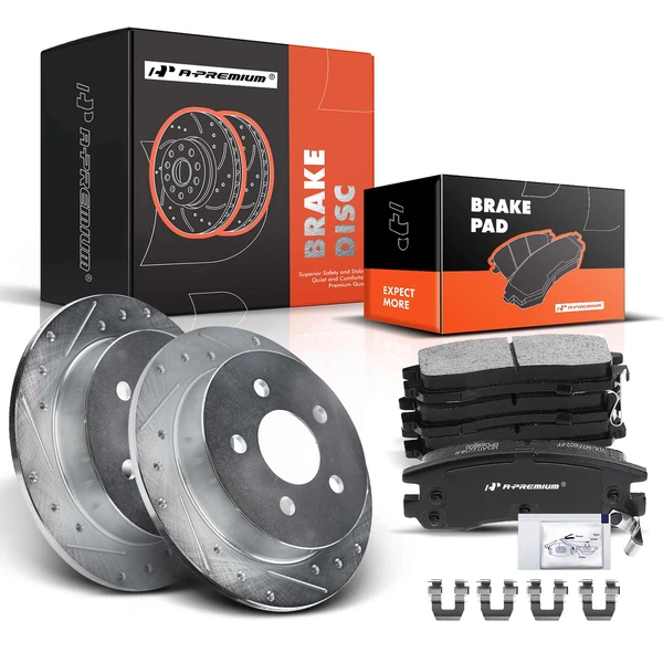 1999-2005 Pontiac Grand Am Drilled & Slotted Disc Brake Rotors and Ceramic Pads Kit, 6 Pcs, Rear Driver & Passenger, A-Premium, APBRPS263