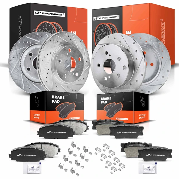2010-2012 Lexus HS250h Drilled & Slotted Disc Brake Rotors and Ceramic Pads Kit, 12 Pcs, Front & Rear, A-Premium, APBRPS079