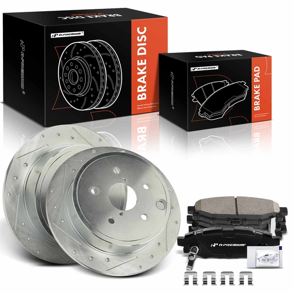 2015-2021 Subaru WRX Drilled & Slotted Disc Brake Rotors and Ceramic Pads Kit, 6 Pcs, Rear Driver & Passenger, A-Premium, APBRPS1162