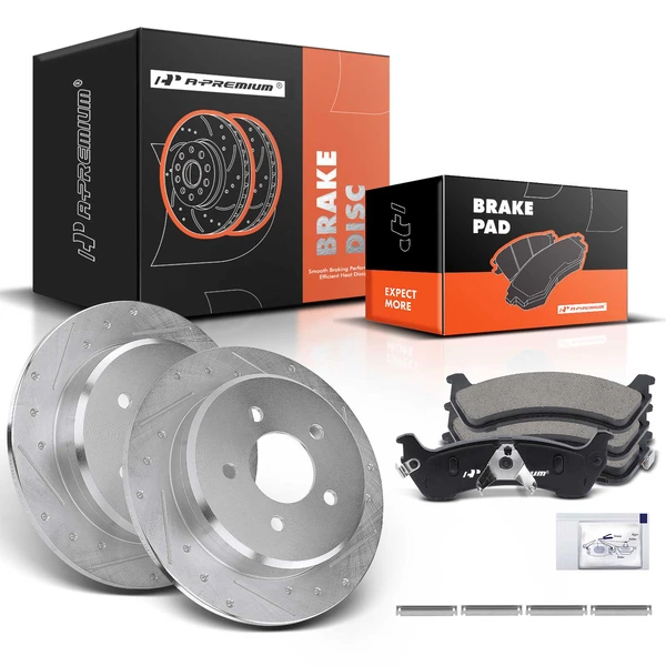 2001-2002 Ford Explorer Sport Drilled & Slotted Disc Brake Rotors and Ceramic Pads Kit, 6 Pcs, Rear Driver & Passenger, A-Premium, APBRPS005