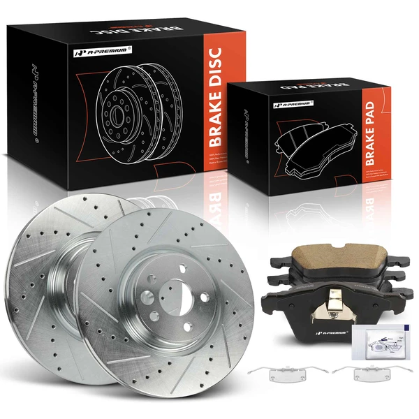 2007-2016 Volvo S80 Drilled & Slotted Disc Brake Rotors and Ceramic Pads Kit, 6 Pcs, Front Driver & Passenger, A-Premium, APBRPS1179
