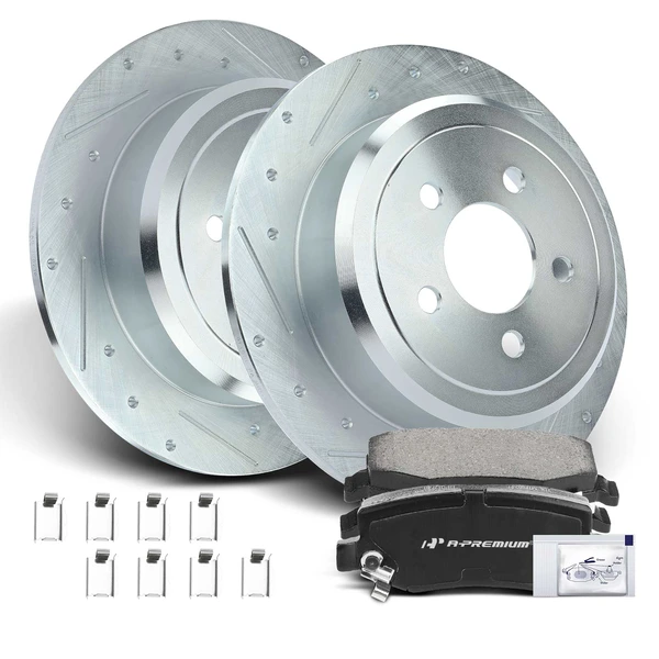 Drilled & Slotted Disc Brake Rotors and Ceramic Pads Kit, 6 Pcs, Rear Driver & Passenger, A-Premium, APBRPS085