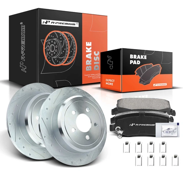 2007-2011 Dodge Nitro Drilled & Slotted Disc Brake Rotors and Ceramic Pads Kit, 6 Pcs, Rear Driver & Passenger, A-Premium, APBRPS085