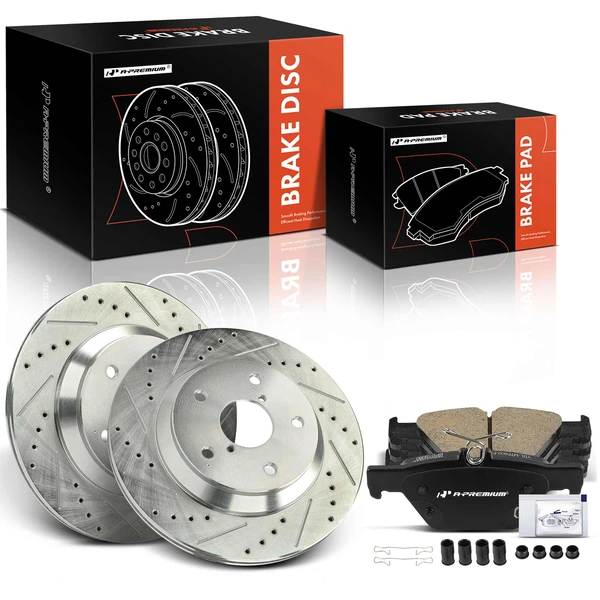 Drilled & Slotted Disc Brake Rotors and Ceramic Pads Kit, 6 Pcs, Rear Driver & Passenger, A-Premium, APBRPS1180