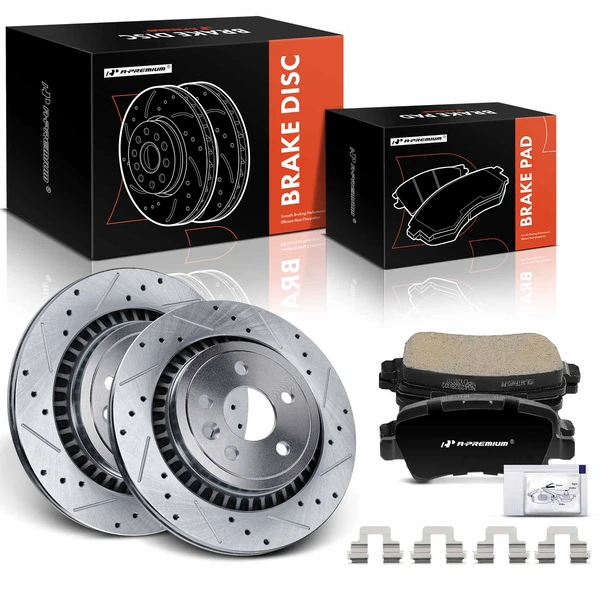 2010-2017 Volvo XC60 Drilled & Slotted Disc Brake Rotors and Ceramic Pads Kit, 6 Pcs, Rear Driver & Passenger, A-Premium, APBRPS1181