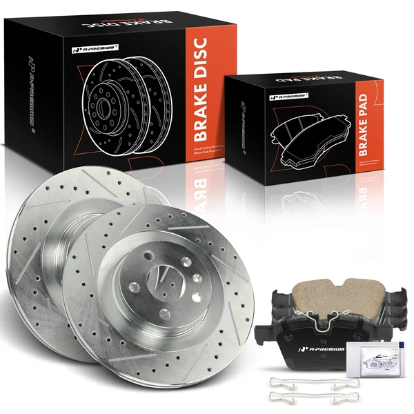 2016-2019 Volvo XC90 Drilled & Slotted Disc Brake Rotors and Ceramic Pads Kit, 6 Pcs, Rear Driver & Passenger, A-Premium, APBRPS1184