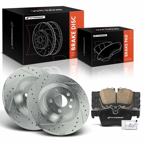 2018-2019 Volvo XC60 Drilled & Slotted Disc Brake Rotors and Ceramic Pads Kit, 6 Pcs, Rear Driver & Passenger, A-Premium, APBRPS1185