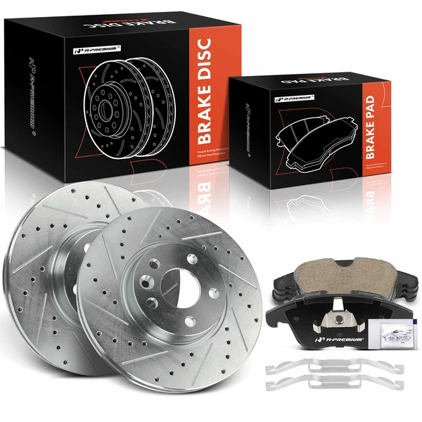 2008-2016 Volvo XC70 Drilled & Slotted Disc Brake Rotors and Ceramic Pads Kit, 6 Pcs, Front Driver & Passenger, A-Premium, APBRPS1174