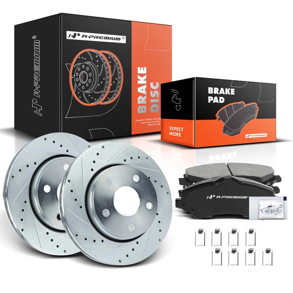 2012-2017 Jeep Wrangler Drilled & Slotted Disc Brake Rotors and Ceramic Pads Kit, 6 Pcs, Front Driver & Passenger, A-Premium, APBRPS265