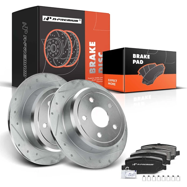 2007-2017 Jeep Wrangler Drilled & Slotted Disc Brake Rotors and Ceramic Pads Kit, 6 Pcs, Rear Driver & Passenger, A-Premium, APBRPS082