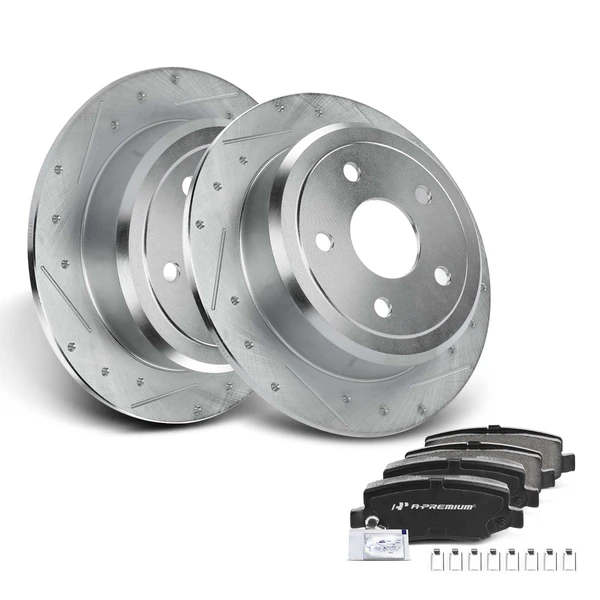 Drilled & Slotted Disc Brake Rotors and Ceramic Pads Kit, 6 Pcs, Rear Driver & Passenger, A-Premium, APBRPS082