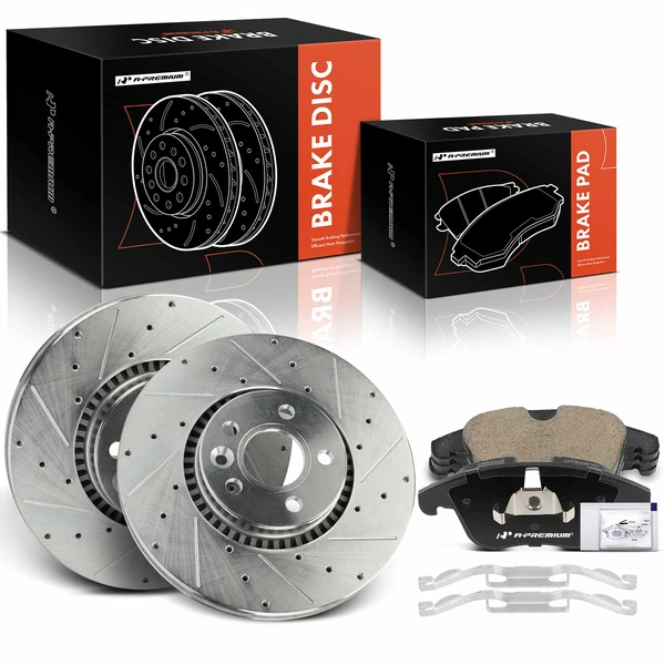 2009-2016 Volvo S80 Drilled & Slotted Disc Brake Rotors and Ceramic Pads Kit, 6 Pcs, Front Driver & Passenger, A-Premium, APBRPS1176