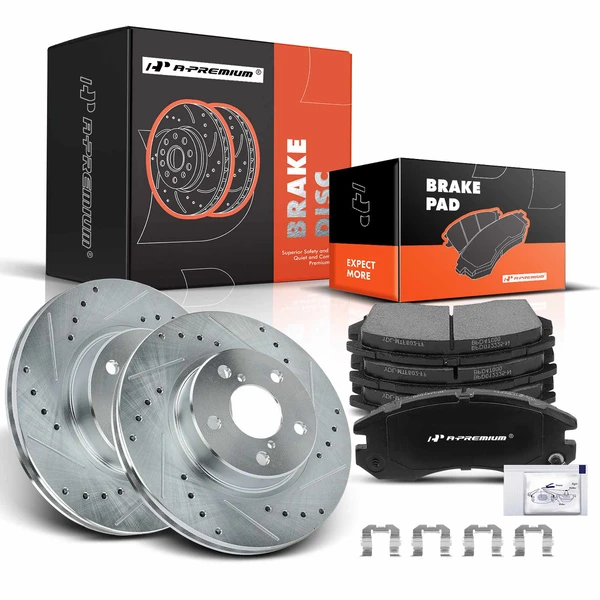 1990-1996 Subaru Legacy Drilled & Slotted Disc Brake Rotors and Ceramic Pads Kit, 6 Pcs, Front Driver & Passenger, A-Premium, APBRPS083
