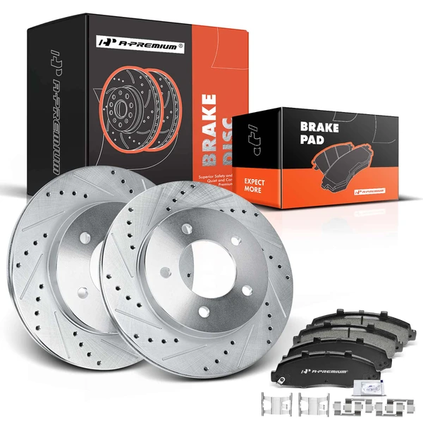 1997-2003 Ford F-150 Drilled & Slotted Disc Brake Rotors and Ceramic Pads Kit, 6 Pcs, Front Driver & Passenger, A-Premium, APBRPS266