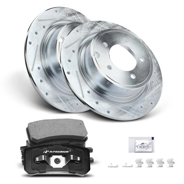 Drilled & Slotted Disc Brake Rotors and Ceramic Pads Kit, 6 Pcs, Rear Driver & Passenger, A-Premium, APBRPS224