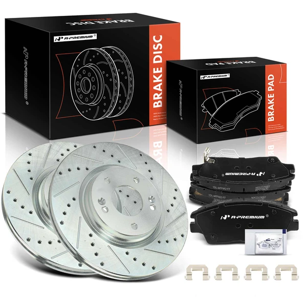 2017-2020 Hyundai Elantra Drilled & Slotted Disc Brake Rotors and Ceramic Pads Kit, 6 Pcs, Front Driver & Passenger, A-Premium, APBRPS1190