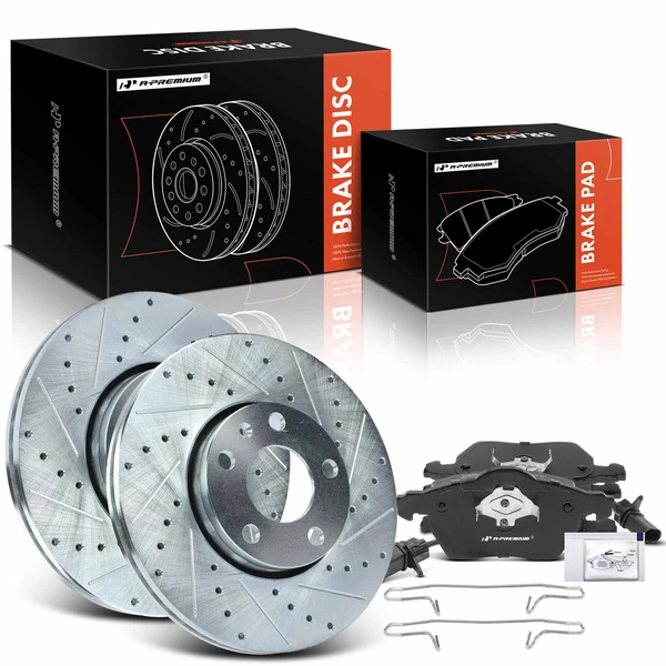 1999-2005 Audi A4 Quattro Drilled & Slotted Disc Brake Rotors and Ceramic Pads Kit, 6 Pcs, Front Driver & Passenger, A-Premium, APBRPS353
